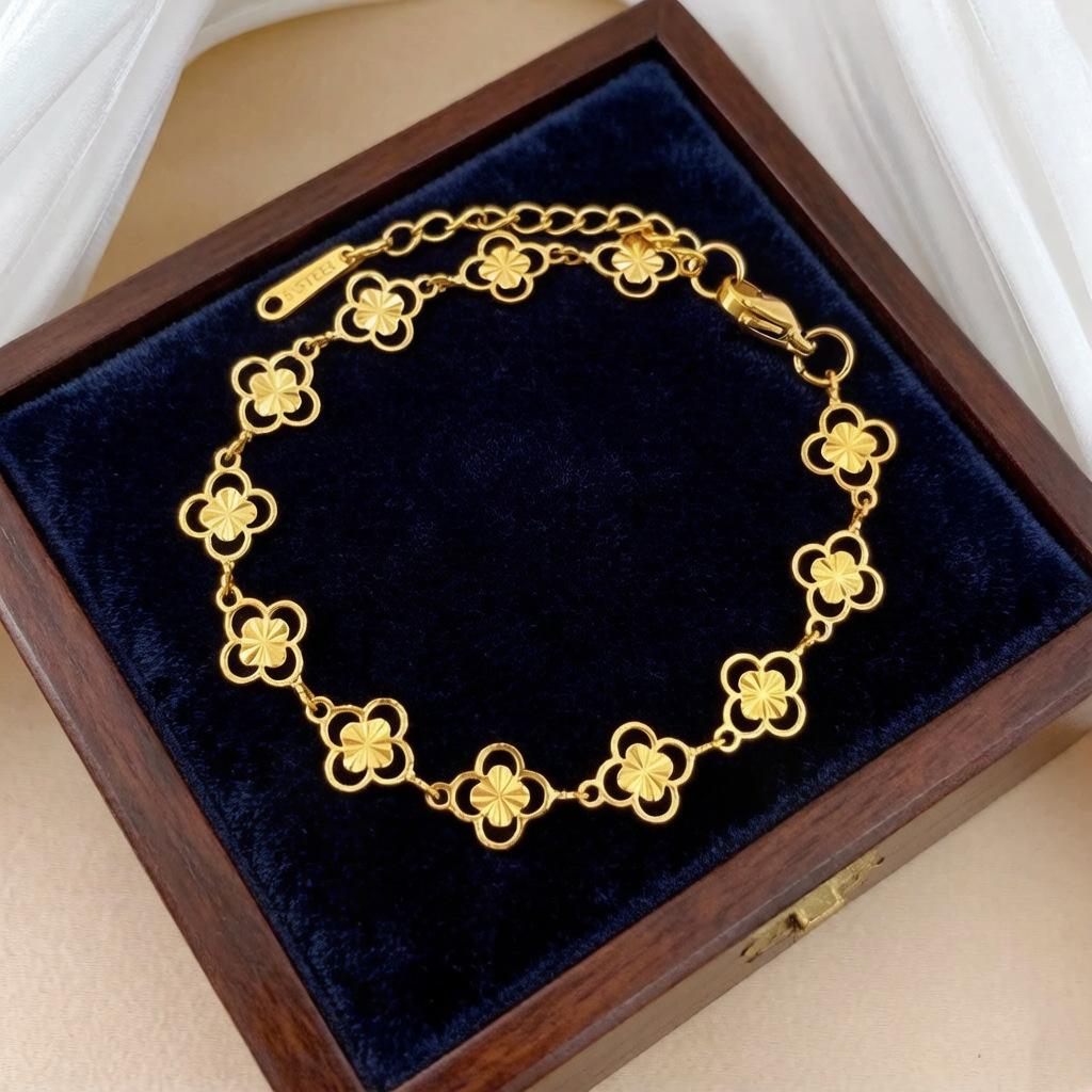 Dongdaemun Unique Minimalist Style Hollow Four-Leaf Flower Chain Bracelet for Women, Internet Celebrity Retro Style for