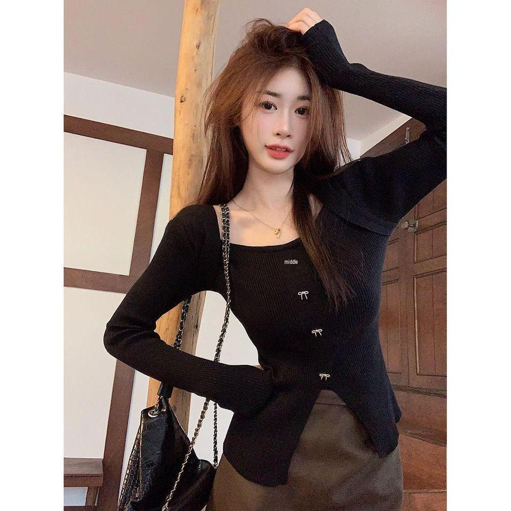 Pulover Top Slim Fit cu Mâneci Lungi și Decolteu în V pentru Femei, Toamnă/Iarnă 2025