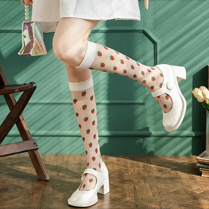 Crystal Glass Silk See Through Long Socks for Women Elegant Sweet Strawberry Pattern Ultrathin Knee Highs Stockings