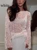 Women's Semi Transparent Sheet Top - Loose Hollow Round Neck Long Sleeved Shirt, Elegant Shiny T-shirt (hand Washed/air Dried)