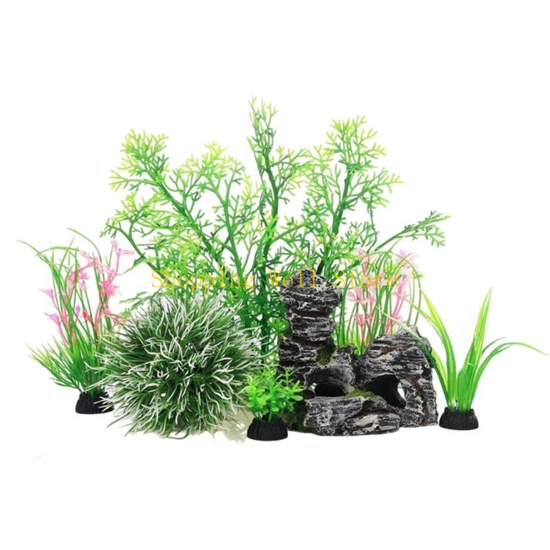 KX4B 7Pcs Artificial Aquariums Decoration with Fishtanks Water Plant and Cave Rock for Vibrancy Underwater Landscape Accessory