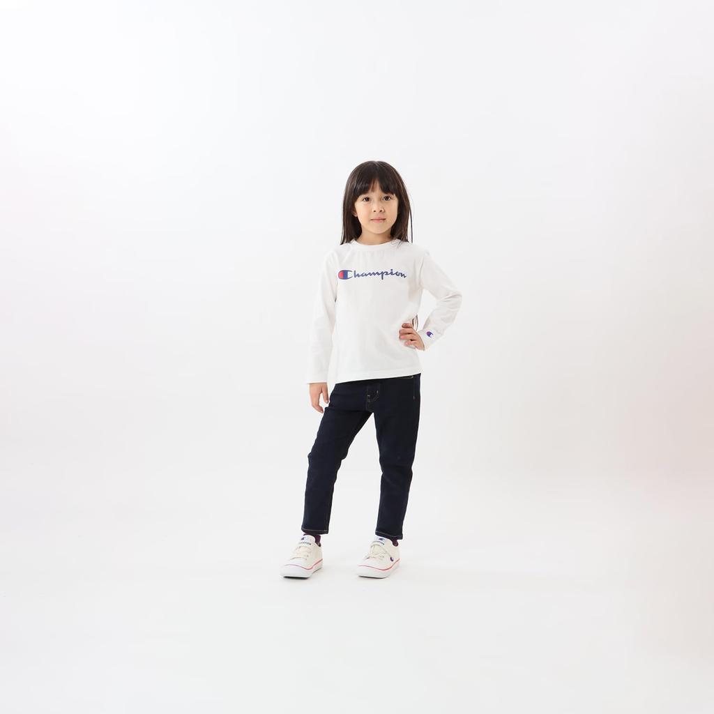 Champion Long Sleeve Crew Script Size 110 Kids' T-Shirt, Neck, 100% Cotton, Logo, Basic, Off-White, (CK-Y402)