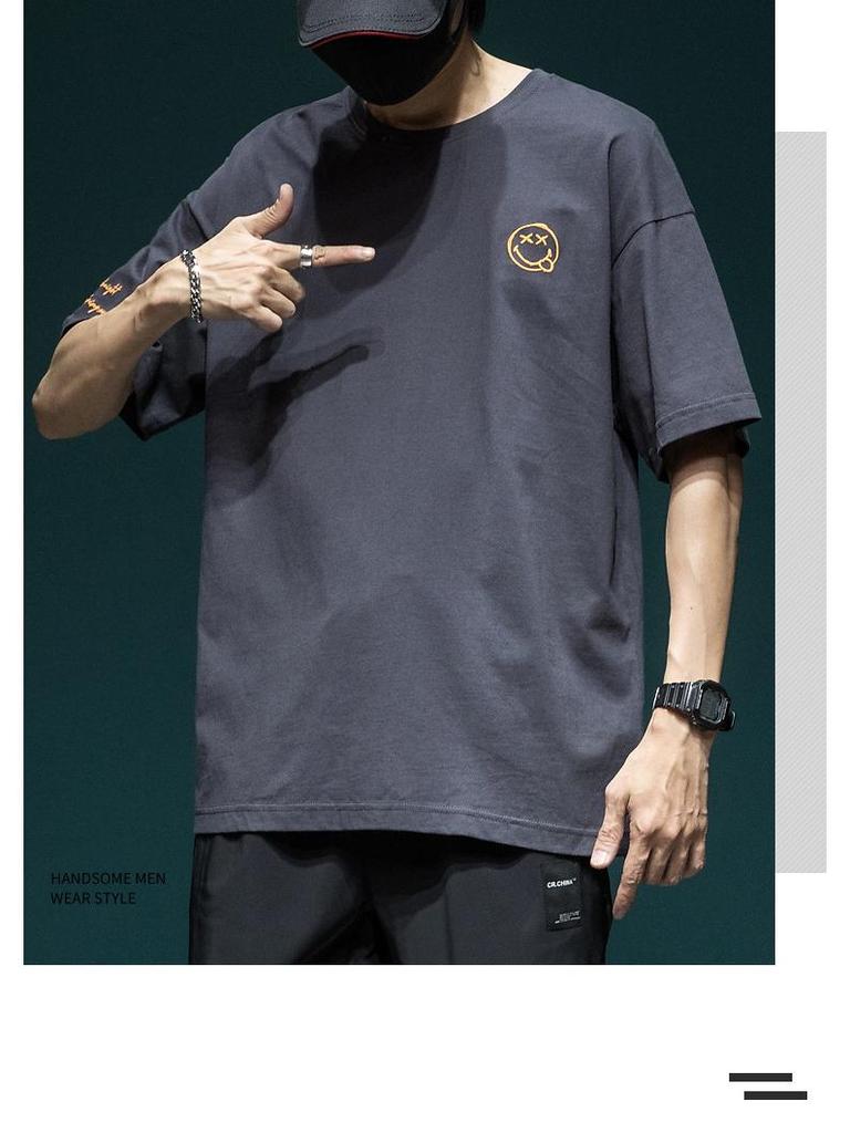 Men's 2024 Summer Plus Size Smiley Face Embroidery Short Sleeve Casual Cotton T-Shirt