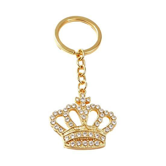 Keychain Pendant Transparent Rhinestones Crown Design Key Ring with Extended Chain