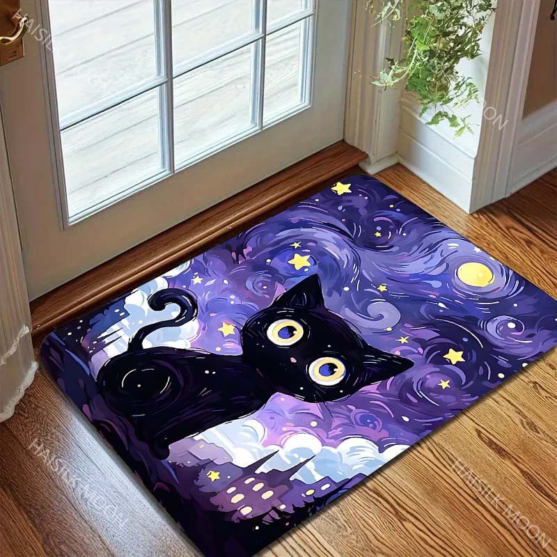 Multiple Sizes Black Cat Starry Sky Print Carpet Rug for Living Room Bedroom Sofa Doormat Home Decor Non-slip Floor Mat