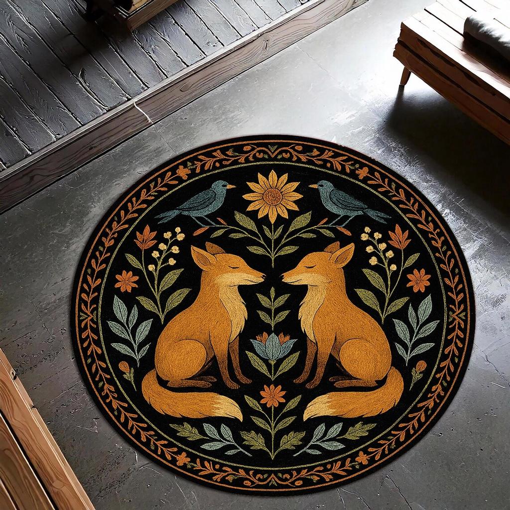 Floral Round Rug with Bee Design, Washable Carpet Boho Vintage Crow Rug for Living Room, Bedroom, Home Decor Floor Mat