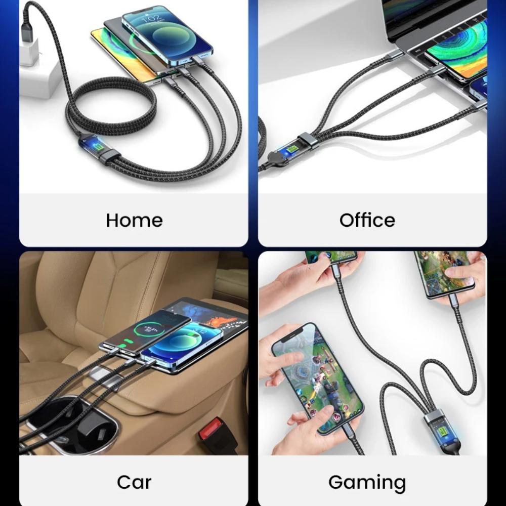 Cablu de încărcare rapidă transparent 3 în 1 100w tip C Usb Micro pentru Iphone Samsung Huawei Xiaomi Încărcător lampă pilot Usb C