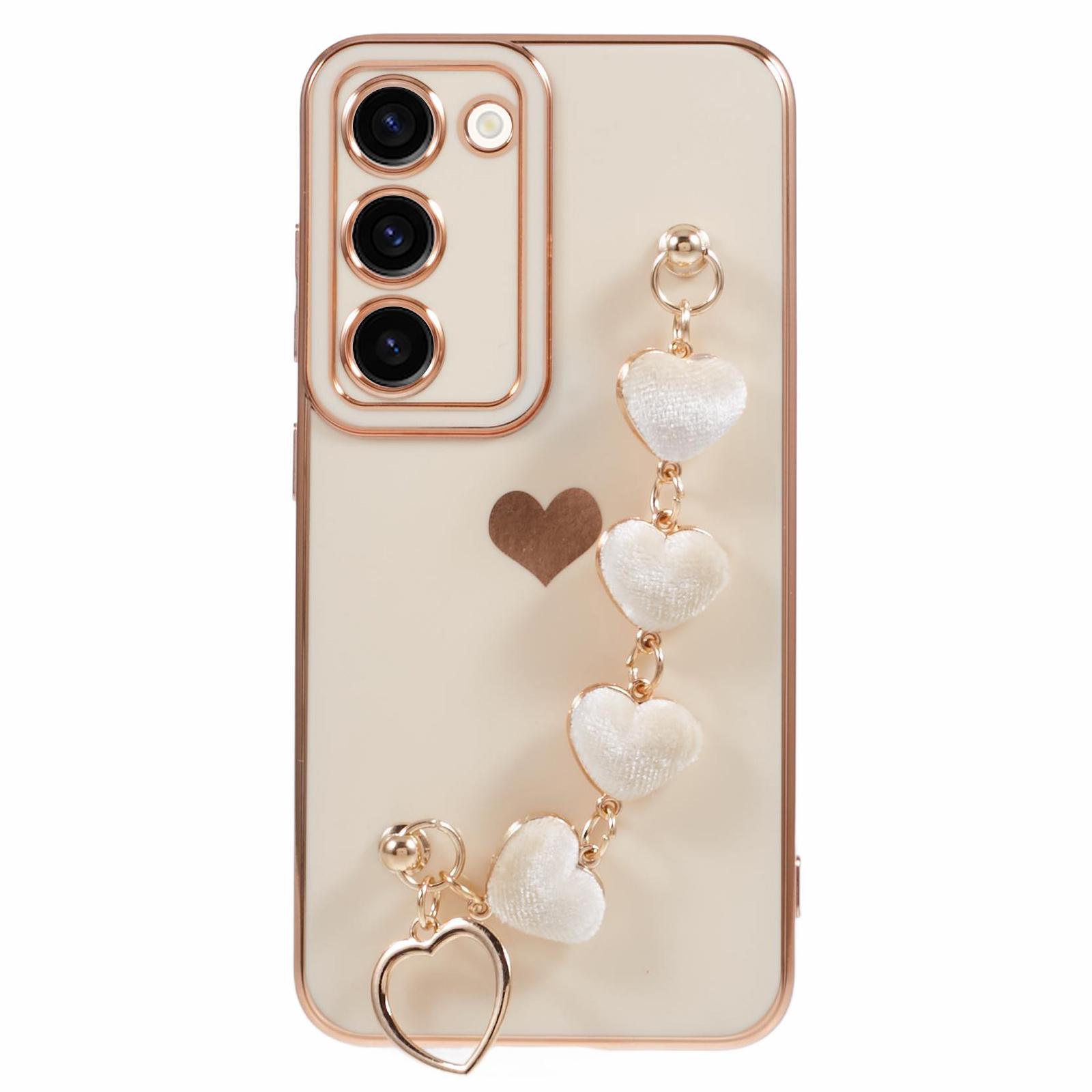 

For Samsung Galaxy S23+ Phone Case Protective Soft TPU Cover with Heart Chain Strap White