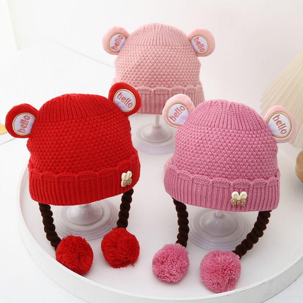 

Thickned Knitted Hat Warm Wig Braids Cap Cute Earflap Hats for Baby жовтий