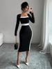 Quadratischer Ausschnitt Langarm Bodycon Kleid