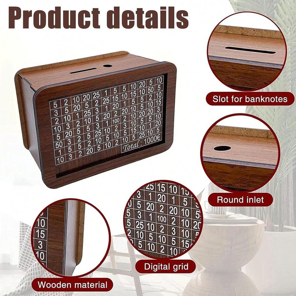 Wiederverwendbare Sparbox aus Holz - 1000/3000/5000/10000 Euro Challenge, Kinder-Bargeldaufbewahrung