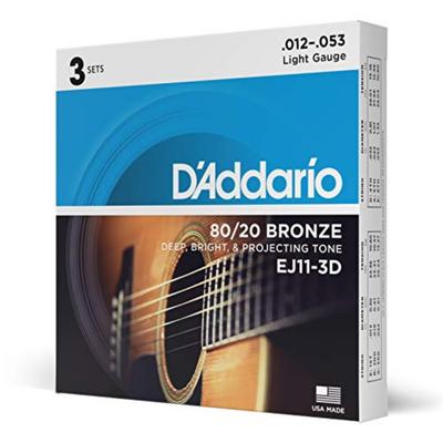 Acoustic Guitar Bronze D'Addario Strings, 80/20 Light, .012-.053, EJ11-3D, 3-Pack