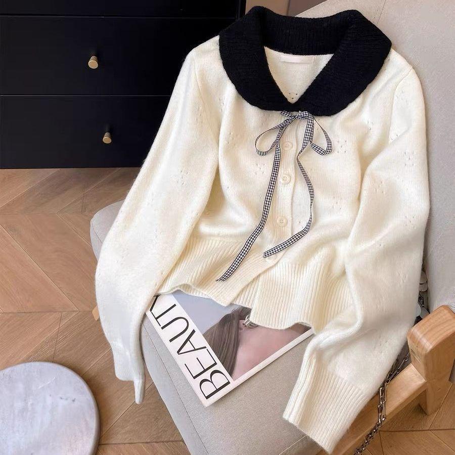 Korean Doll Collar Cardigan: Elegant Knitwear with Bow Tie Lace for Spring & Autumn