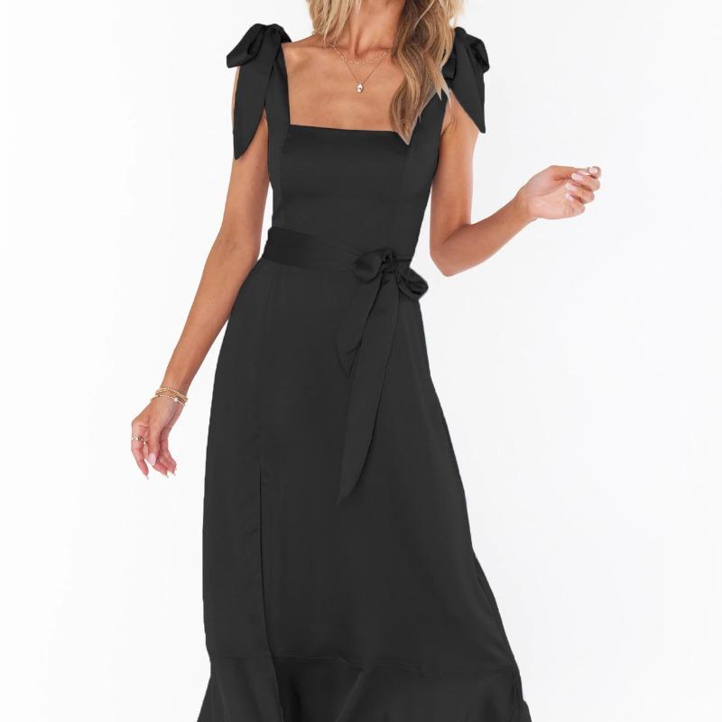 Summer Women's Pullover Hanger Strap Off Shoulder One Line Neck Lace Up Bow Tie Solid Color Split Fashion Casual Sexy Dresses