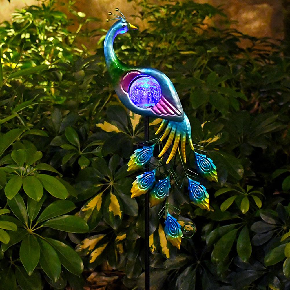 Solar Peacock Garden Light LED Outdoor Stake Light Auto On/Off Landscape Light Waterproof Cracked Glass Ball for Yard Patio Lawn