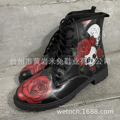 10,000 Christmas Rose Skull Print Leather Boots Women's Autumn and Winter Lace-Up Martin Boots Plus Size 43