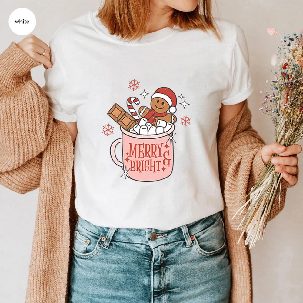 Gingerbread Retro Merry T Shirt Cute Xmas Tshirt Christmas Graphic T Shirts Merry Christmas Tee Womens Holiday Tops
