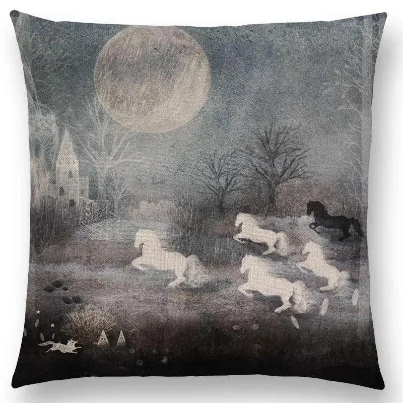 Norrsken Häst Blommor Blad Soffa Kasta Kudde Fodral Träd Blommig Trädgård Magisk Dröm Fantasi Natt Räv Rådjur Enhörning Kuddfodral