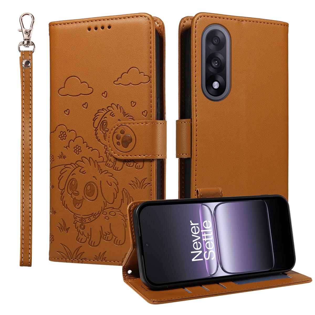 

For OnePlus Ace 5 Ultra 5G/OnePlus Nord 5 5G Case RFID Blocking Imprinted Dog Pattern PU Leather Phone Cover with Wrist Strap Brown