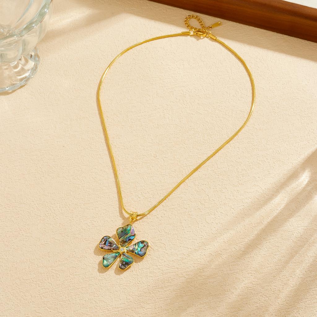 DIEYURO 316L Stainless Steel Luxury Vintage Abalone Shell Flower For Women Classic Waterproof Neck Chain Jewelry Glamorous