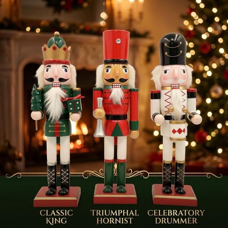 Christmas Nutcrackers Decoration in Solid Wood with a Square Base for Entryway, Mantel, Shelf, or Desk Display