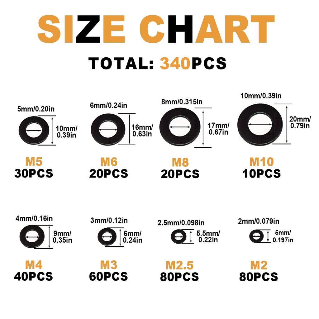 Zestaw 340 szt. czarnych podkładek płaskich - obejmuje rozmiary od M2 do M10, niezbędny do każdego projektu wkręcania