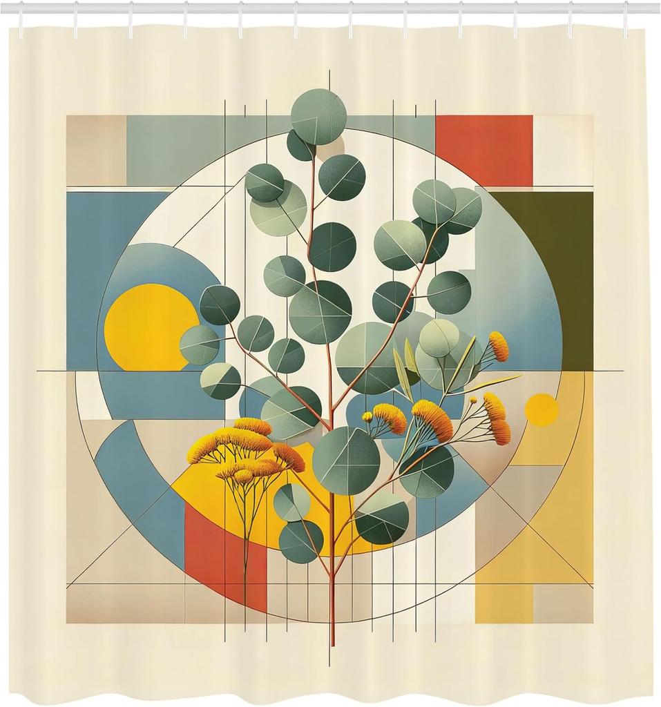 Eucalyptus Leaves Shower Curtain, Circular Branches In Classic Mid Century Modern Influences, Cloth Fabric Bathroom De