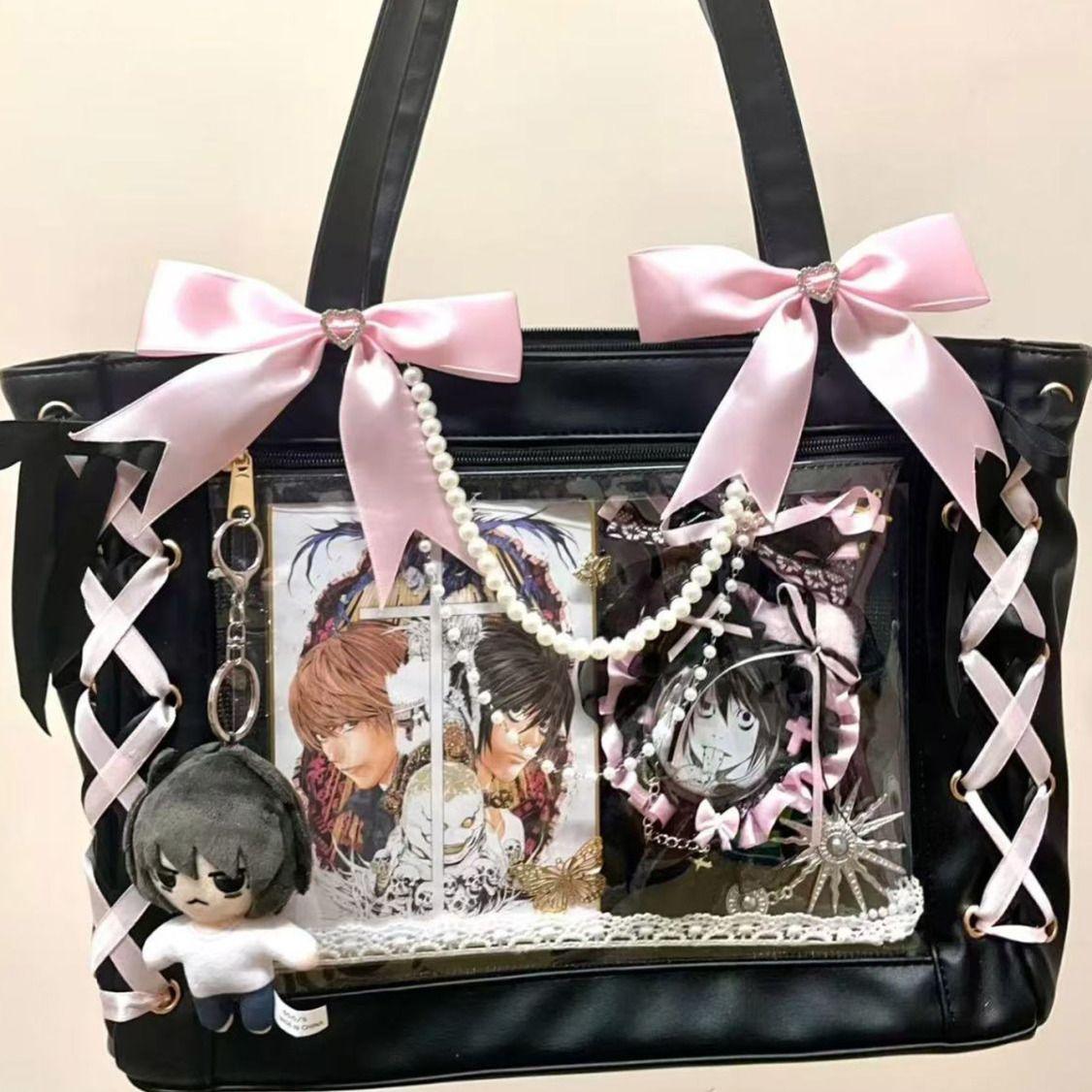 Nieuwe Japanse Zoete Meisje Ulzzang Ita Tas Lint Leuke Handtas voor Vrouwen Grote Capaciteit Transparante DIY Badge Éénschouder Tote Bag