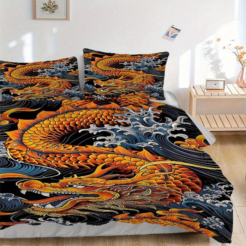 3pcs Koi Dragon Soft Comfortable Bedding set, For Bedroom, Guest Room And Dorm, All - Season Use, High-Definition Printing143