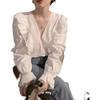 Court style shirt women's 1116 spring and autumn Korean fungus lotus leaf edge design sense lace splicing French collar top