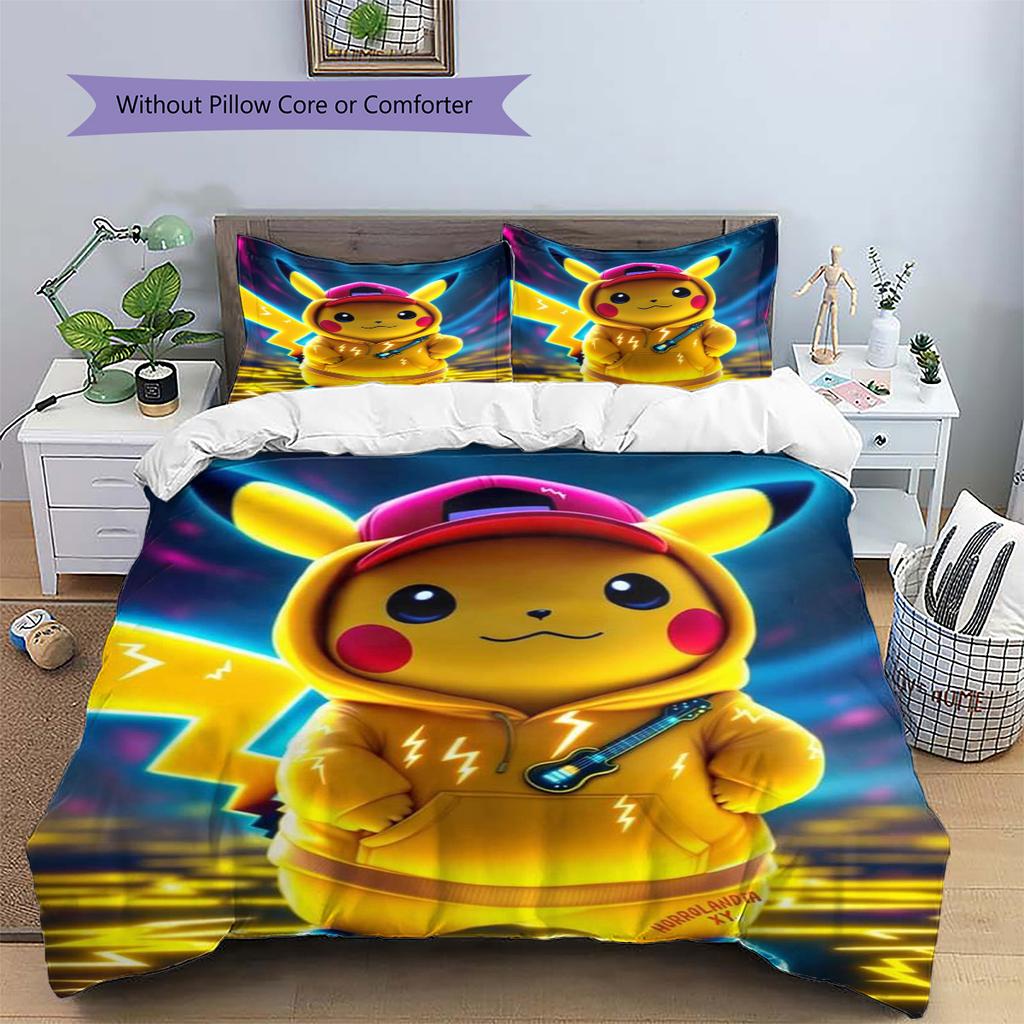 Pikachu Patterned Pillowcase & Duvet Cover Set Anime Print Themed Bedding for Bedroom Gift for Lovers.-TING