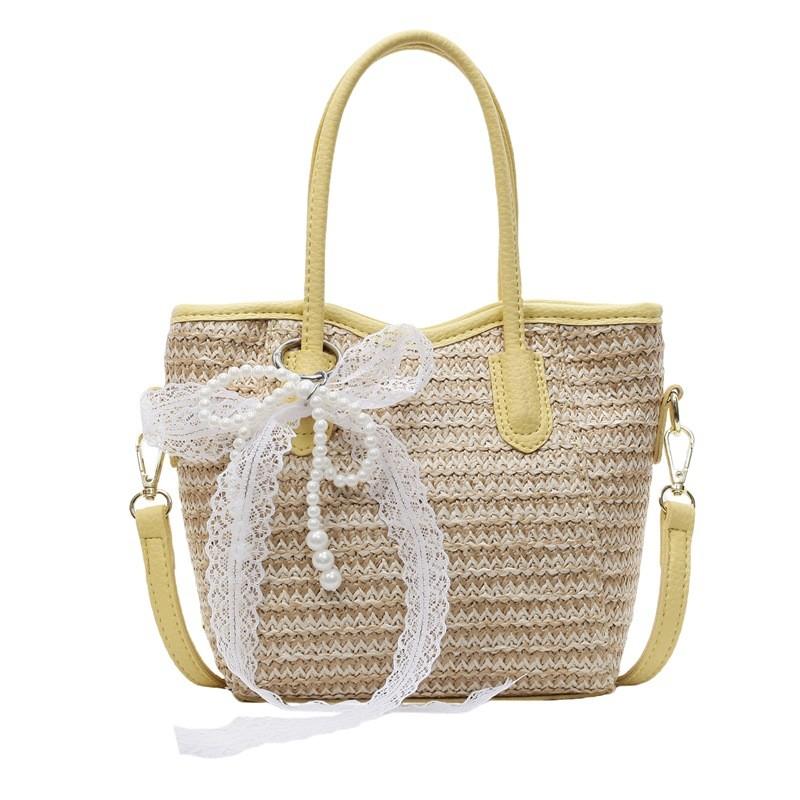 Grass Weave Bucket Bag For Women Summer Casual Handheld With Zipper Closure