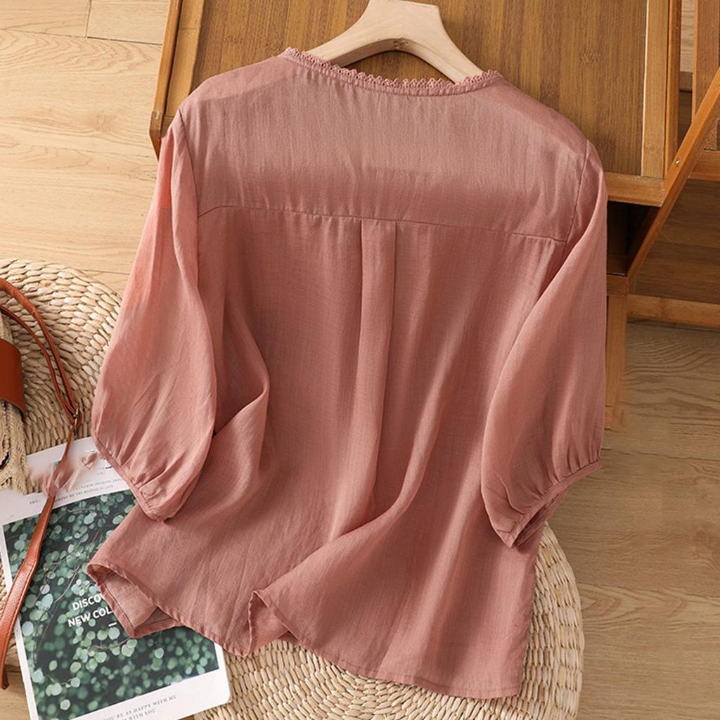 Women's Cotton And Linen Embroidered Loose Retro Round Neck Pullover Top