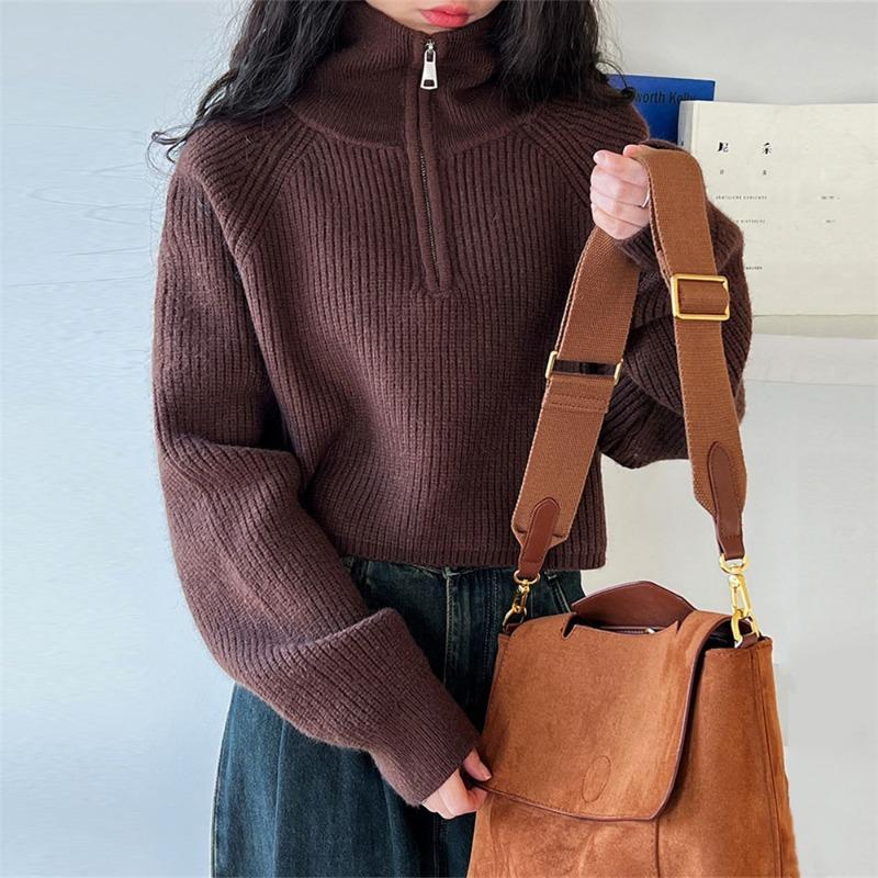 Half-zipper sweater women's loose outer wear autumn and winter new pullover short high-waisted design bottoming knitted sweater top