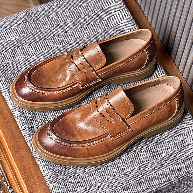 Thick-Soled Black Small Leather Shoes Men'S Genuine Leather Single Shoes British Style Versatile Loafers Retro Polish High-End