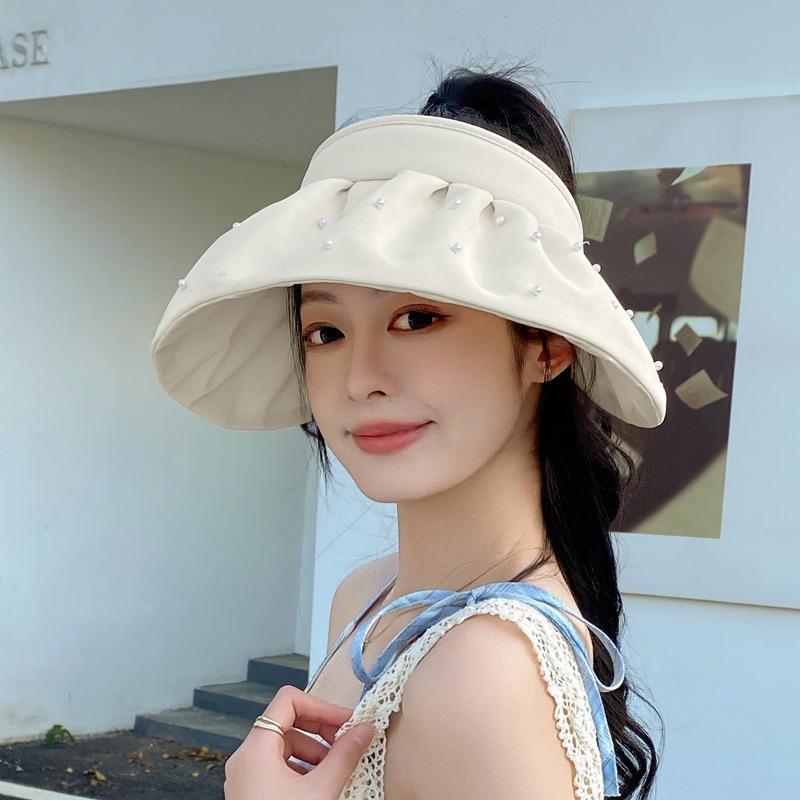 Small Pearl Big Eaves Empty Top Shell Hat Women's Summer Travel Sun Protection Fresh and Elegant Sun Hat Headband Sun Hat