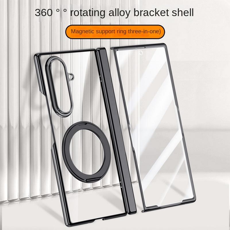 Metal Ring Holder Magsafe Magnetic Phone Case for Samsung Galaxy Z Fold 7 Spring Hinge with Tempered Glass Film Protection Cover