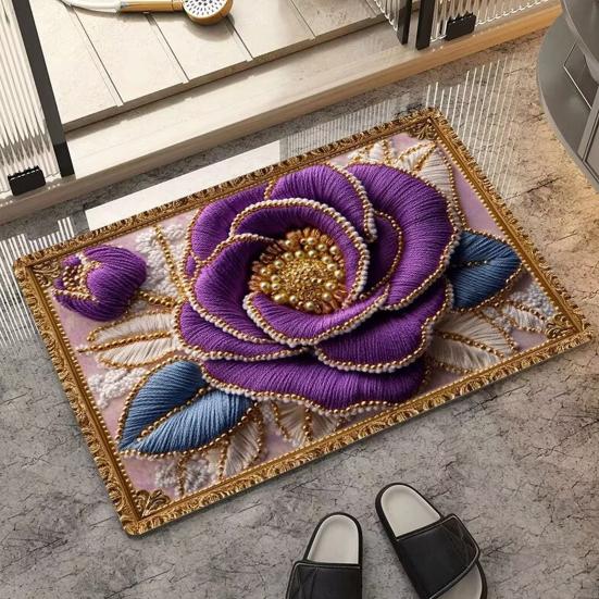 Floor Mat Non-Slip Rubber Backing Absorbent Quick-Drying Bath Rug Retro Style 3D Flower Pattern Kitchen Shower