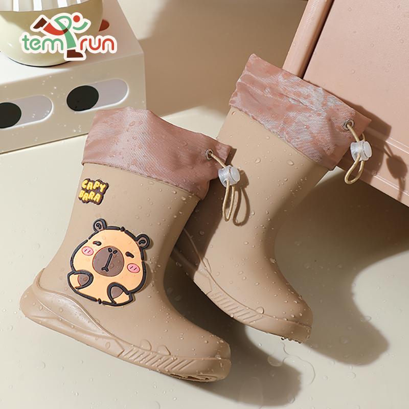 Children Clothing Yulin-001 Boys Black Children's Rain Boots Cartoon Capybara Pattern Rubber Rain Shoes For Girls Anti-Slip Elastic Band For Students Cm