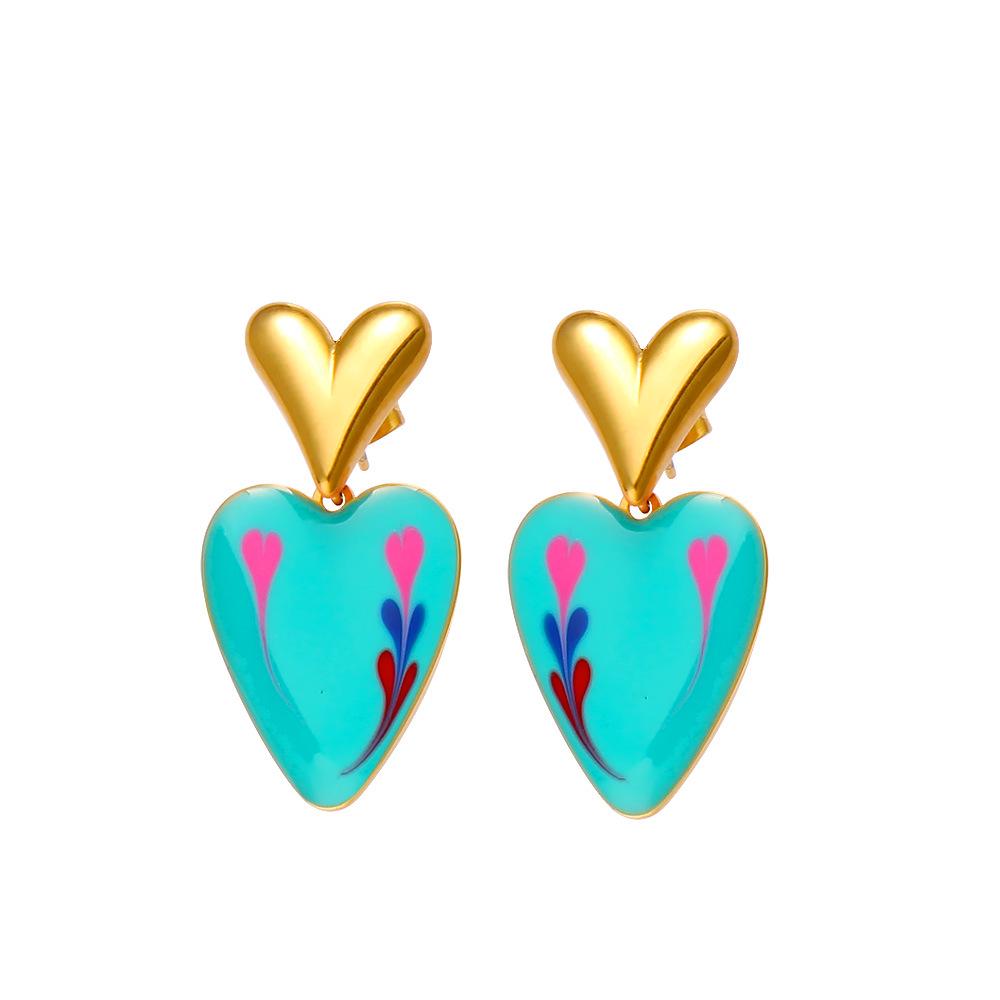 Colorful Enamel Peach Heart Dangle Earrings - Stainless Steel Sweet Style Jewelry for Women