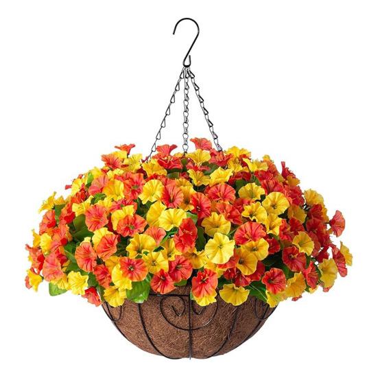 Artificial Hanging Fake Flowers with Basket Outdoor UV Resistant Faux Silk Morning Glory Vines Plants for Porch Patio Garden Balcony Yard Spring