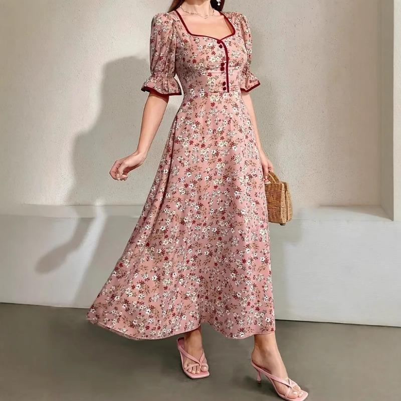 Women's Summer French Dress Floral Waist Dress with Puffy Sleeves