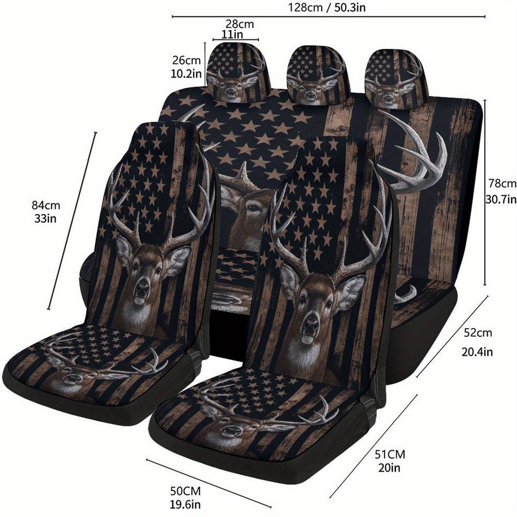 Deer With USA Flag Designed Car Seat Cover Set For Most Cars, High-quality Comfortable Car Seat Protector Covers Full Set, Unive