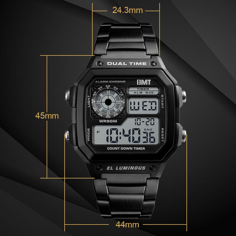Luxury LCD Fashion Waterproof Electronic Gold Stainless Steel Strap Sports Dual Time Wrist Digital Watches