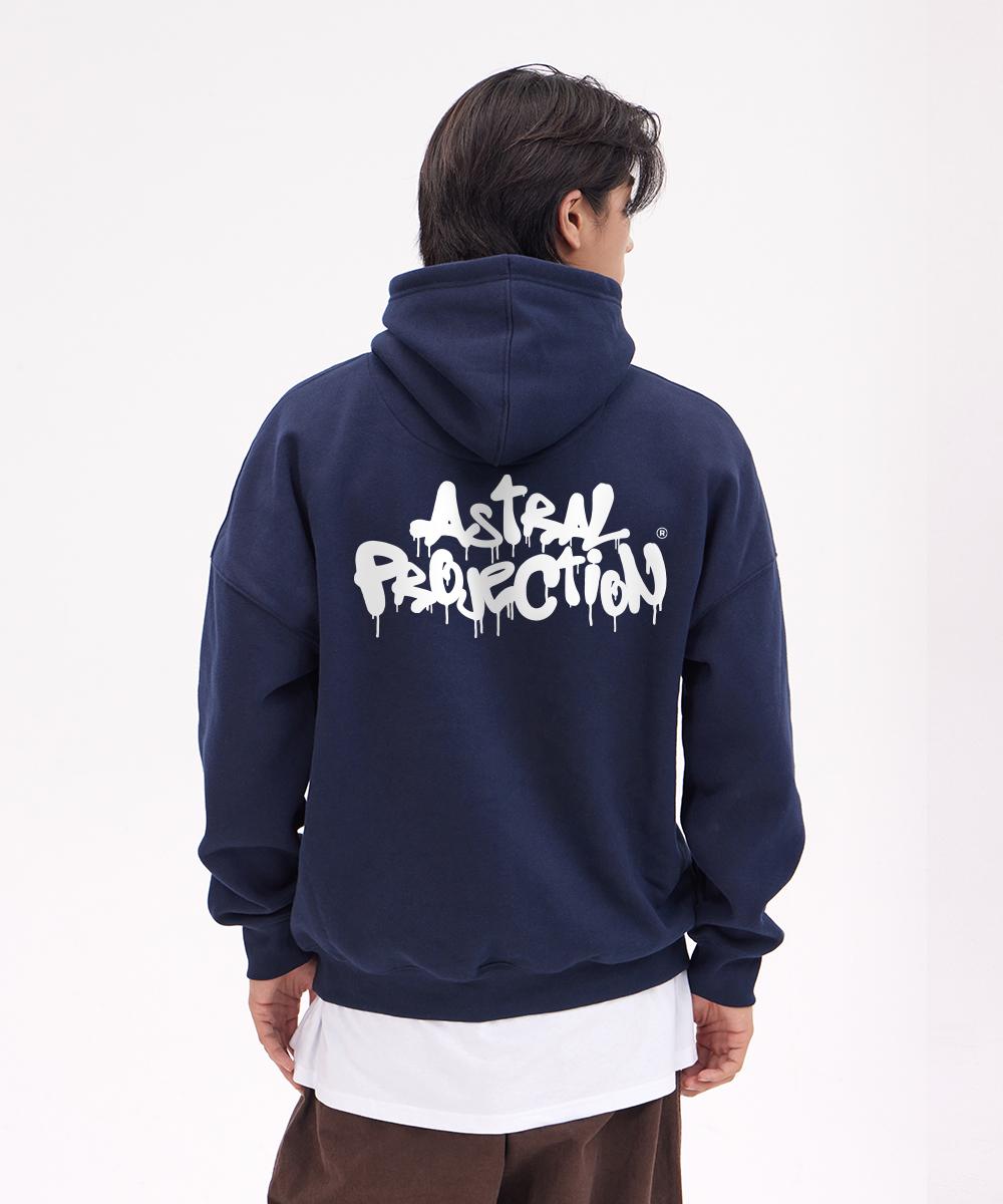 Astral Projection Brush Graffiti Lettering Oversized Wide Shoulder Hoodie_Navy L(Kimo O)