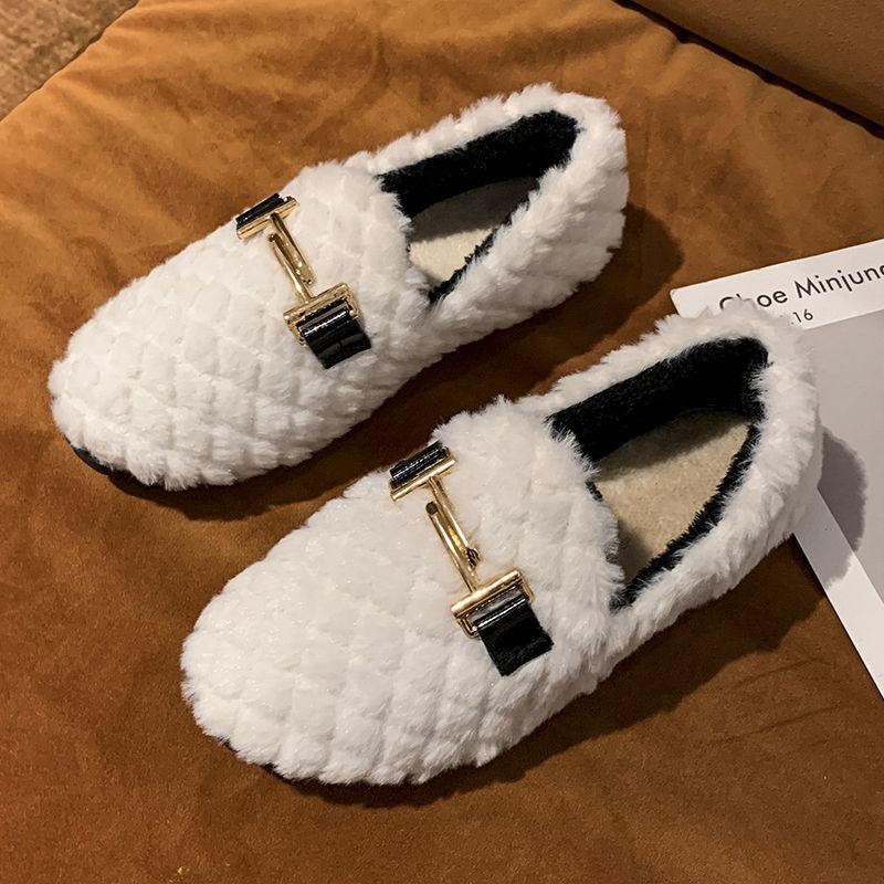 Autumn and winter fluffy shoes women's winter round head cute Doudou shoes warm plush flats pregnant women sweet single shoes women