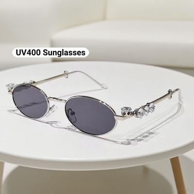 New Fashionable Metal Inlaid Diamond Elliptical Frame Women Sunglasses Retro Luxury UV400 Sunscreen Glasses