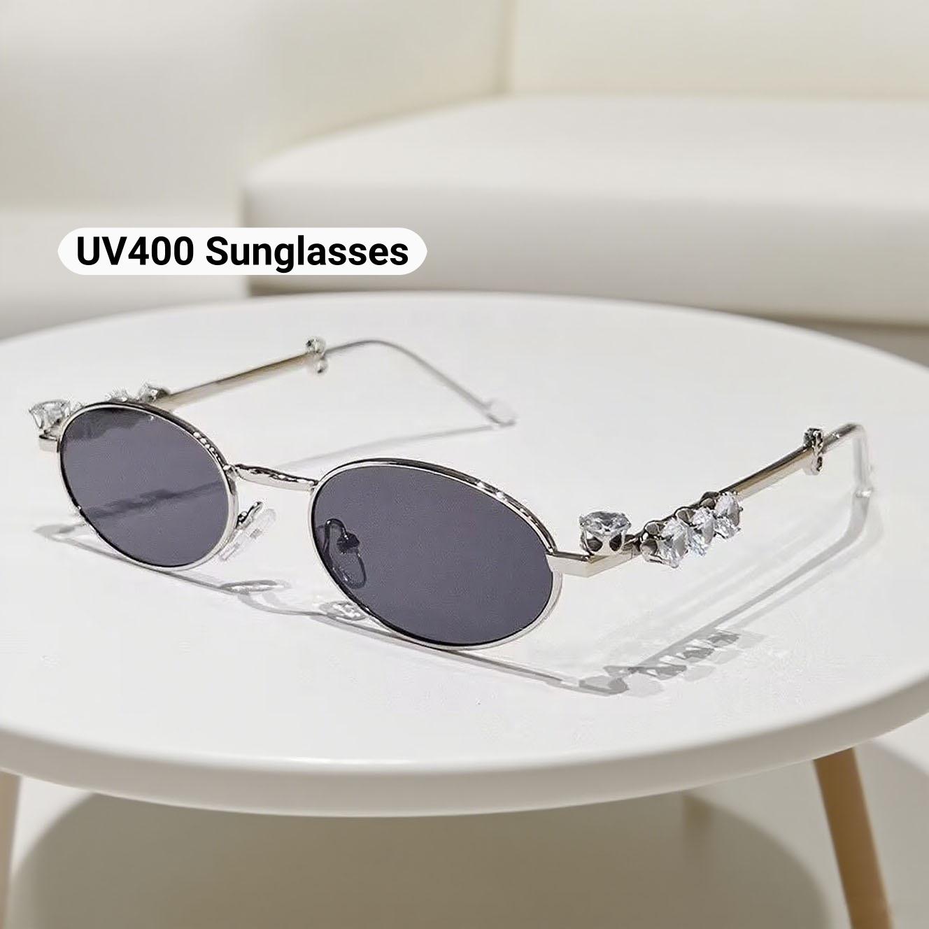 Happy Adults Toys Women's New Fashionable Metal Inlaid Diamond Elliptical Frame Sunglasses Retro Neutral Luxury Uv400 Sunscreen Glasses Cm