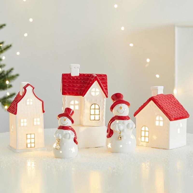 Glowing Ceramic Christmas Village House Snowman Deer Statue Ornament With Warm LED Light For Festives Tabletop Display