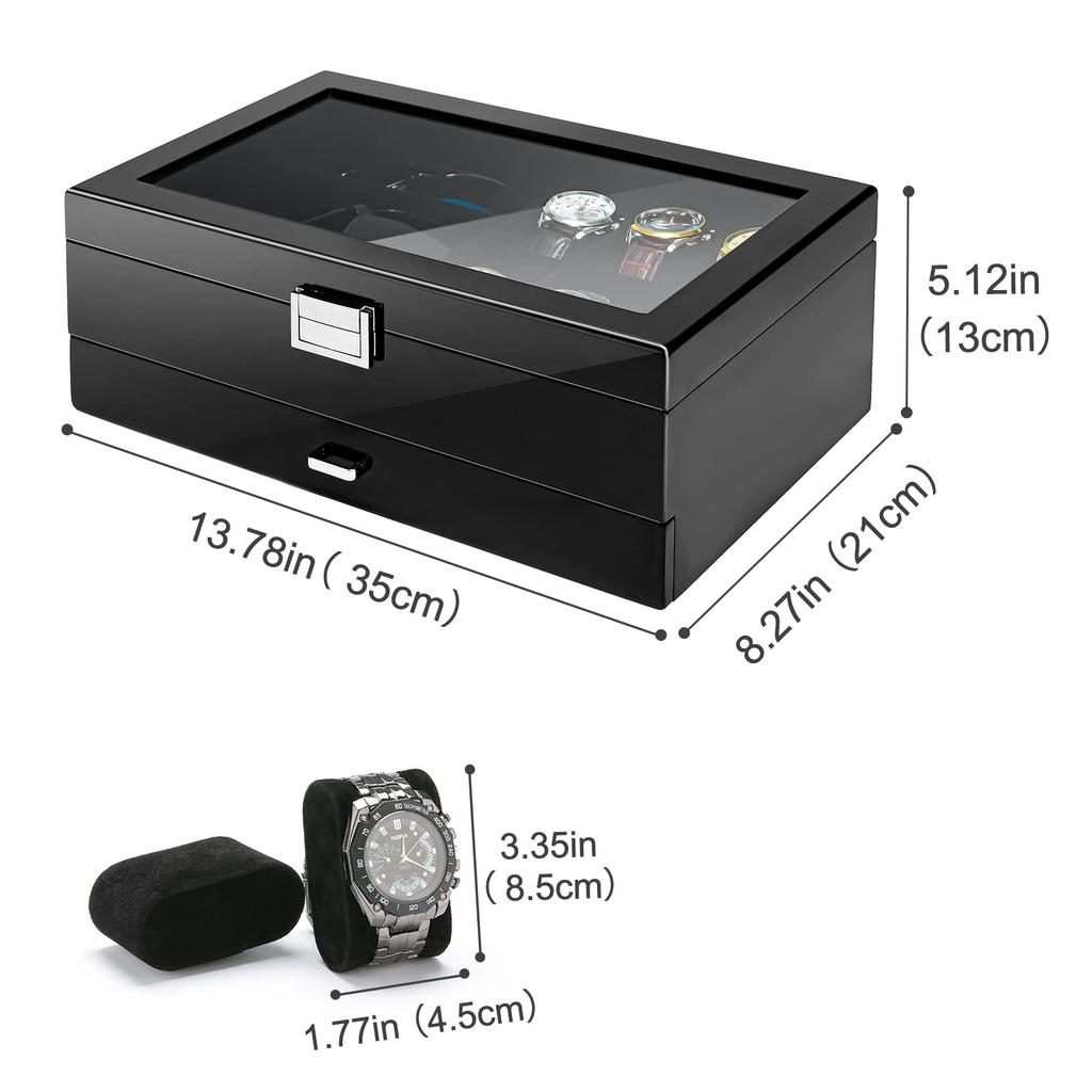 ProCase Boîte de Rangement de Luxe en Bois pour Bijoux, Montres et Lunettes de Soleil avec Dessus en Verre Clair et Grande Capacité Cadeau Parfait Boîte pour Homme, Tiroir à 2 Niveaux,